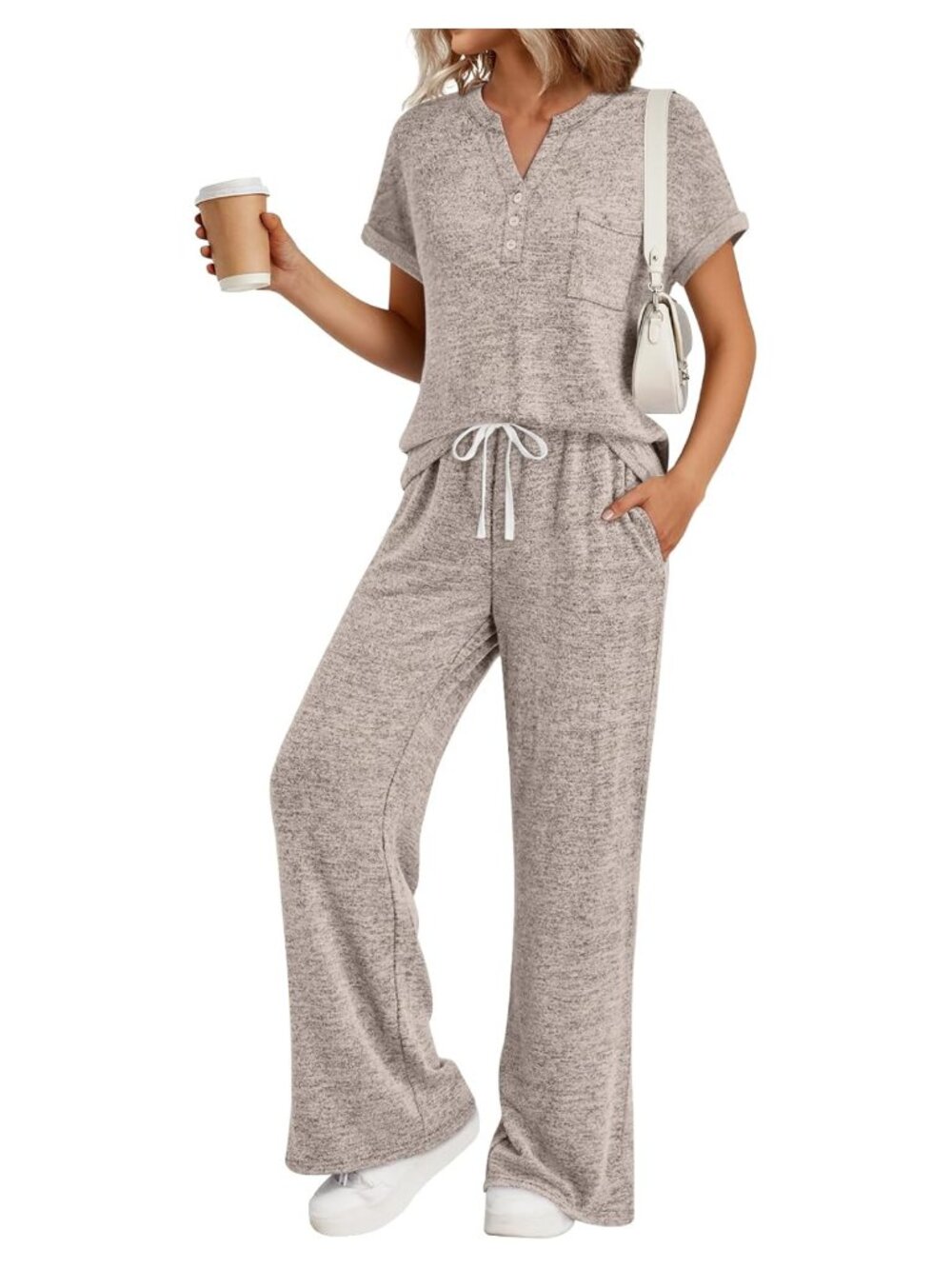 2 Piece Lounge Set Women Henley Sweatsuit Wide Leg Pajamas Travel Outfit